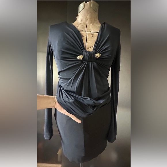 Vintage iconic Roberto Cavalli black ruched stretch dress w/gold panther heads S - Picture 10 of 14